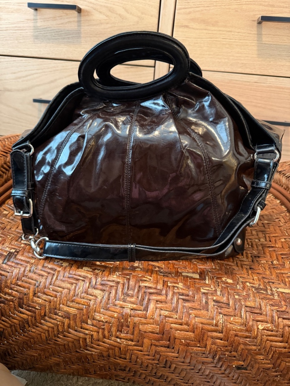 Patent Leather Tote Balloon Handbag in Deep Brown